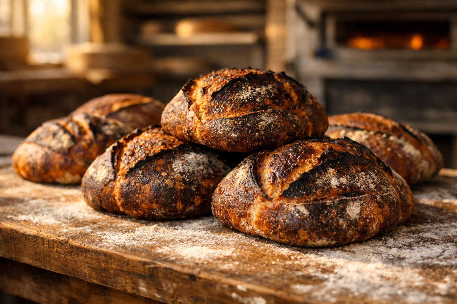 Rustic sourdough loaves with blistered crust on flour-dusted table
